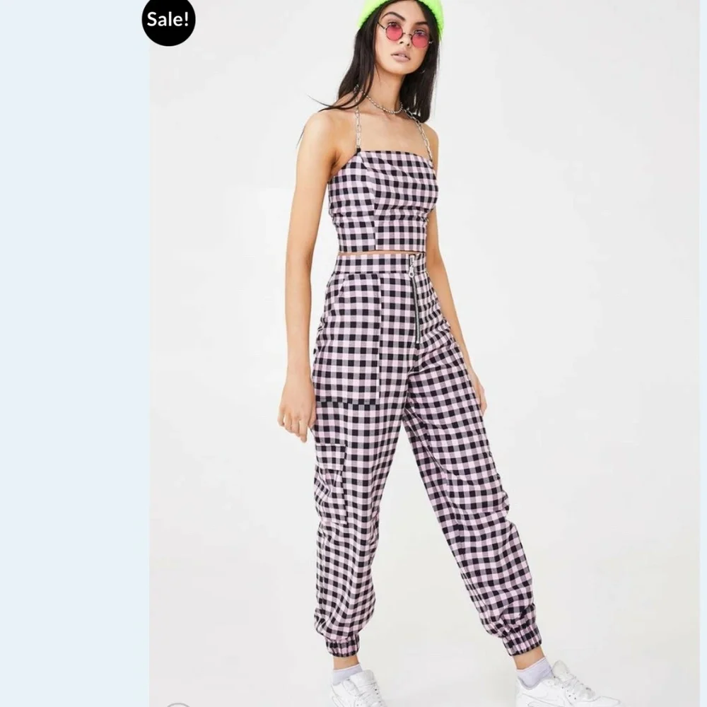 🎶 NWOT the ragged priest hipster Gen Z plaid pink black pants with zipper - Picture 2 of 8